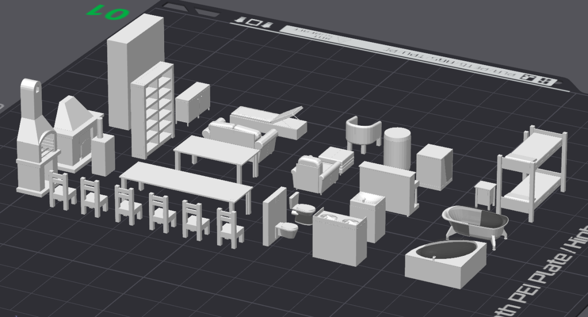 Kit 64 peças de Móveis em Miniatura (Escala 1/50) para Maquetes e Dioramas - Modelo 02