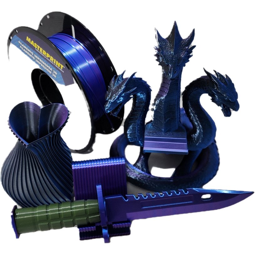 FILAMENTO 3D MASTERPRINT - PLA SILK TRI COLOR AZUL/PRETO/ROXO 1KG