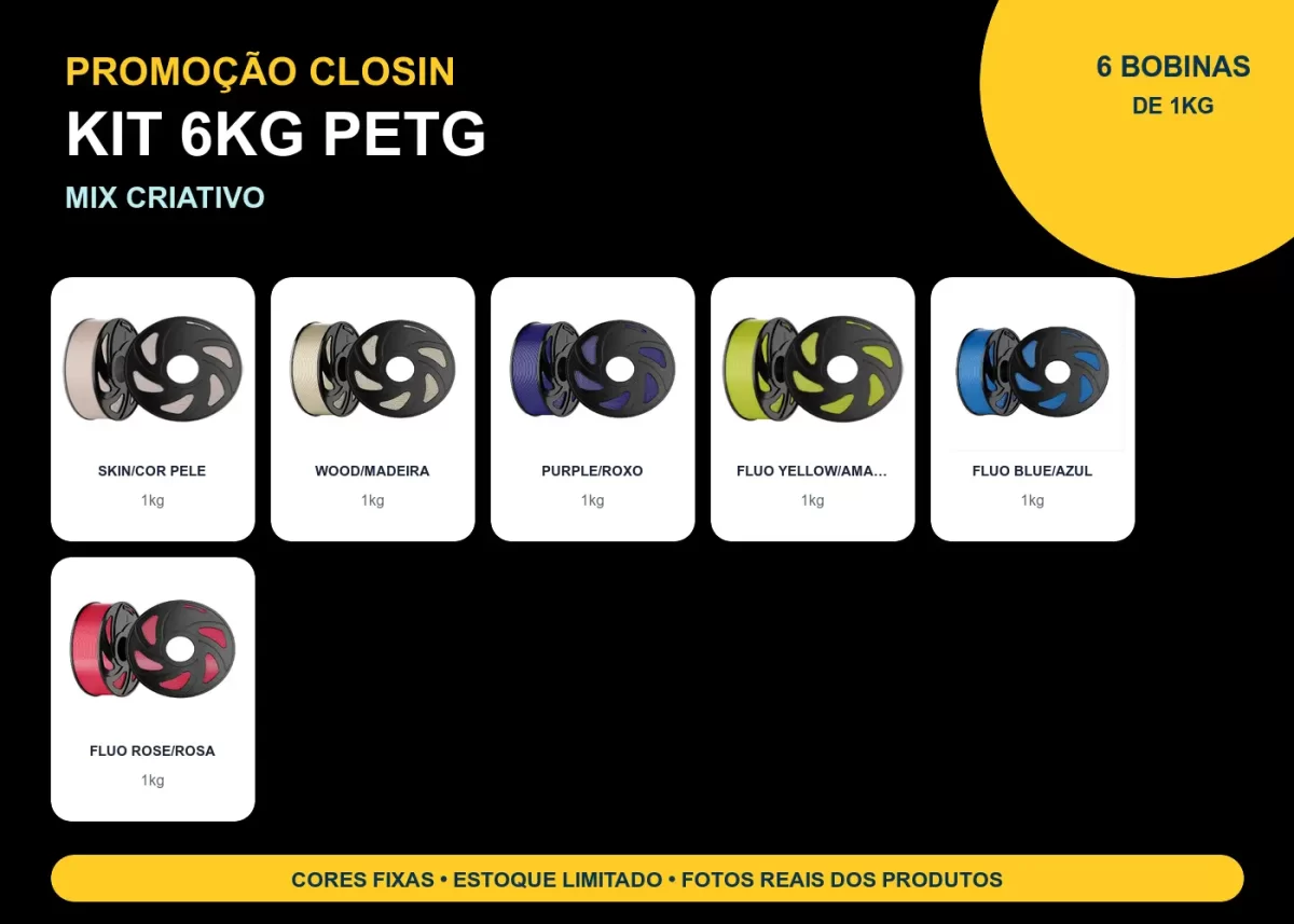 KIT PROMOÇÃO 6KG FILAMENTO 3D CLOSIN PETG - MIX CRIATIVO