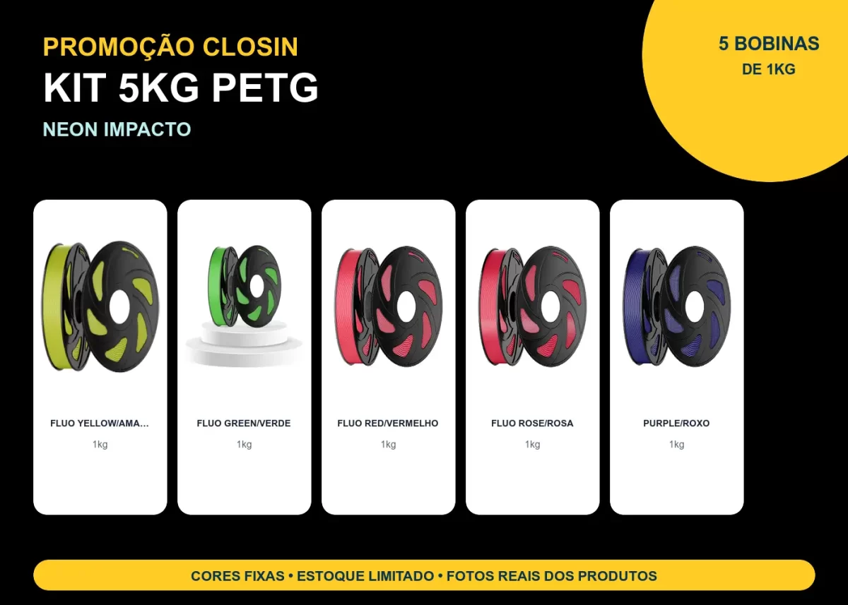 KIT PROMOÇÃO 5KG FILAMENTO 3D CLOSIN PETG - NEON IMPACTO