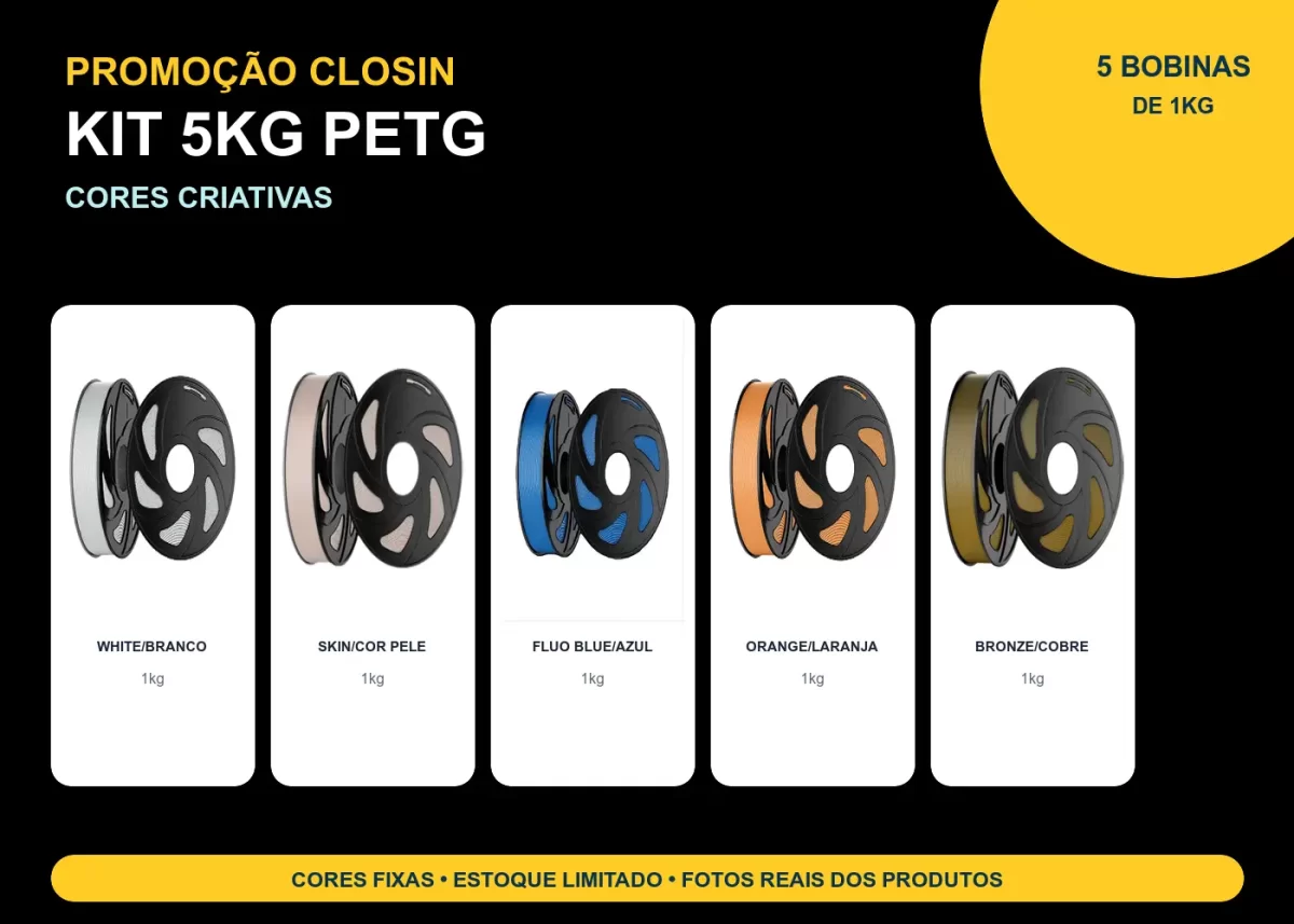 KIT PROMOÇÃO 5KG FILAMENTO 3D CLOSIN PETG - CORES CRIATIVAS