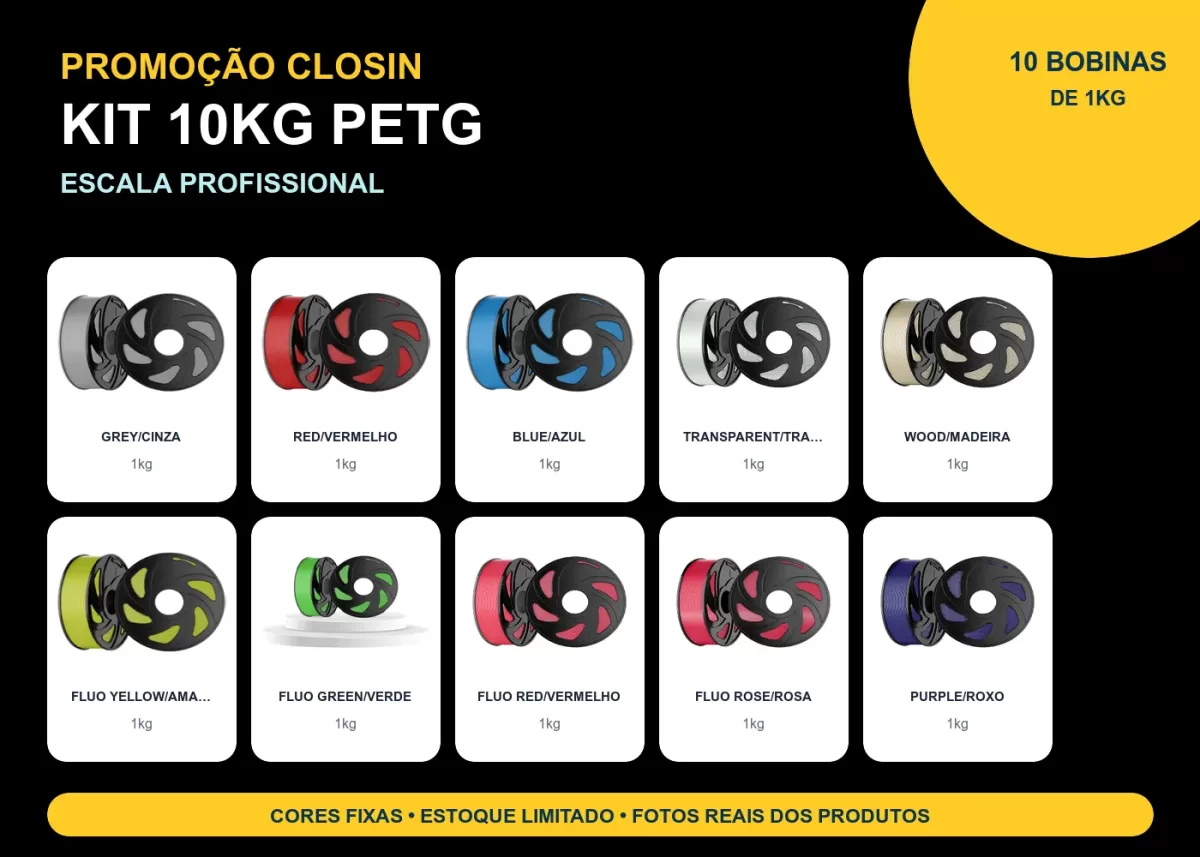 KIT PROMOÇÃO 10KG FILAMENTO 3D CLOSIN PETG - ESCALA PROFISSIONAL