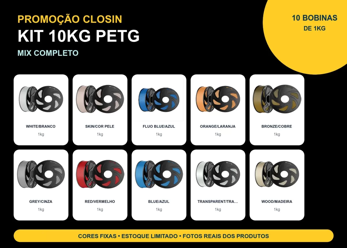 KIT PROMOÇÃO 10KG FILAMENTO 3D CLOSIN PETG - MIX COMPLETO