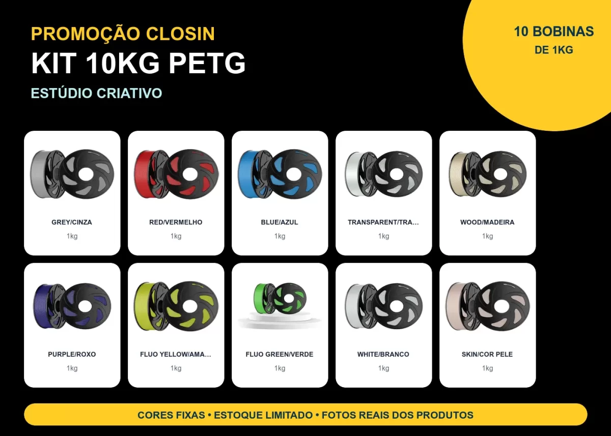 KIT PROMOÇÃO 10KG FILAMENTO 3D CLOSIN PETG - ESTÚDIO CRIATIVO