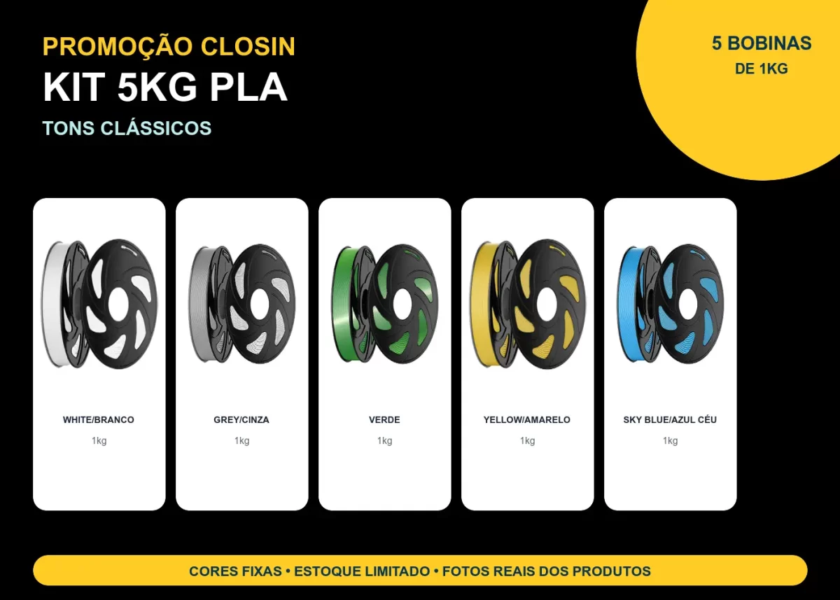 KIT PROMOÇÃO 5KG FILAMENTO 3D CLOSIN PLA - TONS CLÁSSICOS