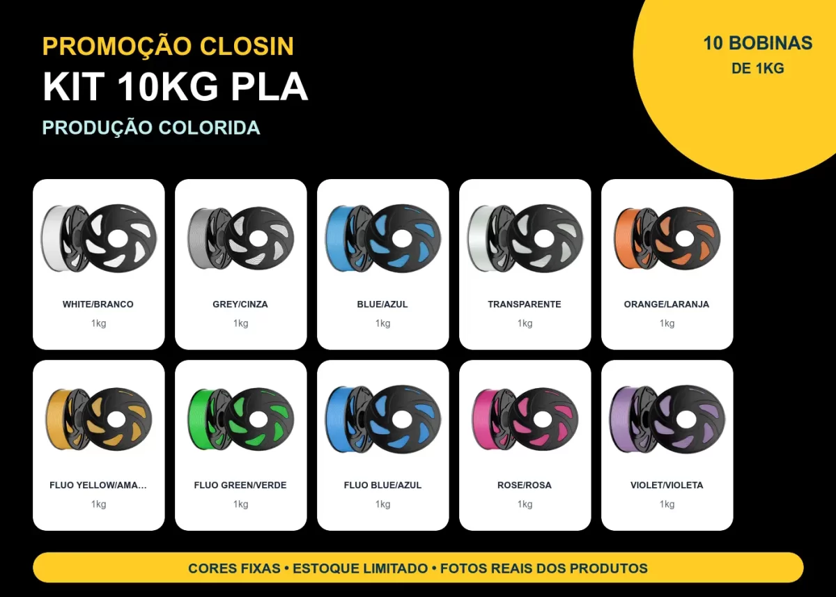KIT PROMOÇÃO 10KG FILAMENTO 3D CLOSIN PLA - PRODUÇÃO COLORIDA