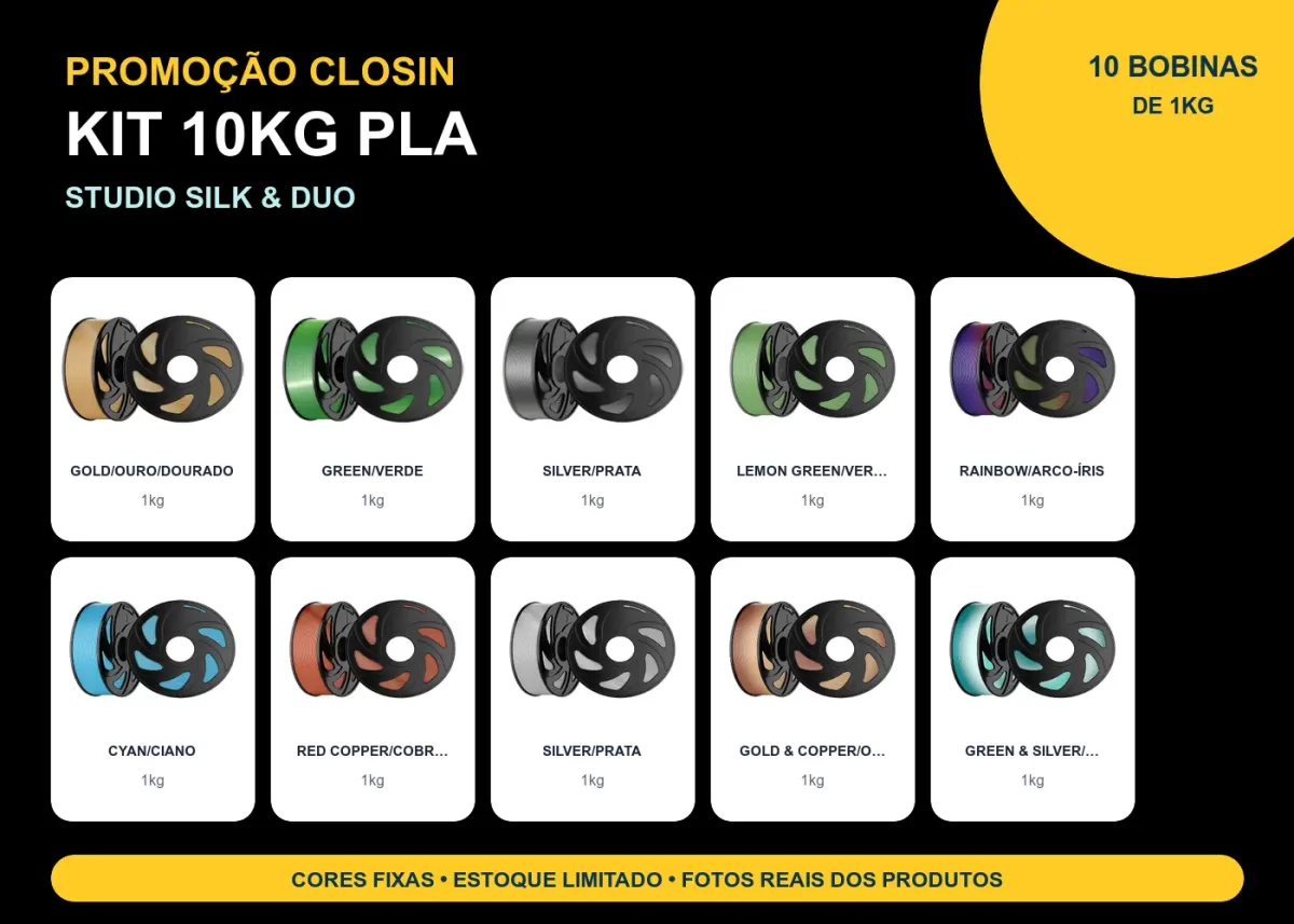 KIT PROMOÇÃO 10KG FILAMENTO 3D CLOSIN PLA - STUDIO SILK & DUO