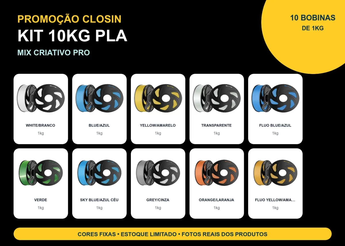 KIT PROMOÇÃO 10KG FILAMENTO 3D CLOSIN PLA - MIX CRIATIVO PRO
